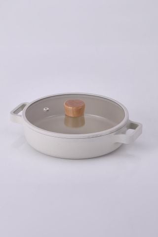 NEOFLAM Fika Cam Kapaklı Alüminyum Sığ Tencere 26 Cm Bej