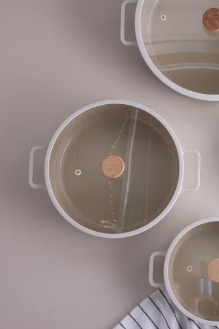 NEOFLAM Fika Cam Kapaklı Alüminyum Sığ Tencere 26 Cm Bej