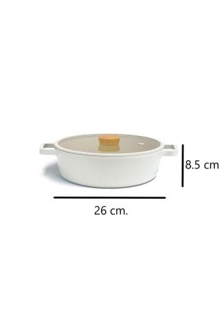 NEOFLAM Fika Cam Kapaklı Alüminyum Sığ Tencere 26 Cm Bej