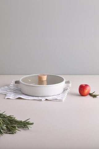 NEOFLAM Fika Cam Kapaklı Alüminyum Sığ Tencere 26 Cm Bej