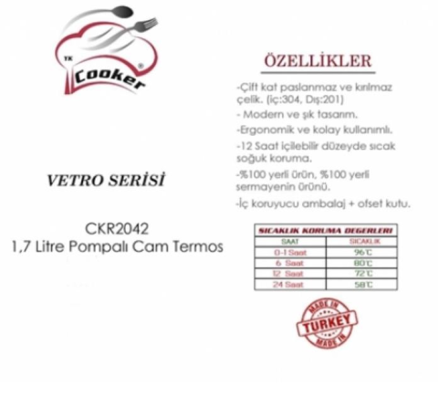 Cooker Paslanmaz Çelik İçi Cam Pompalı Termos 1,7 lt CKR-2042 Siyah
