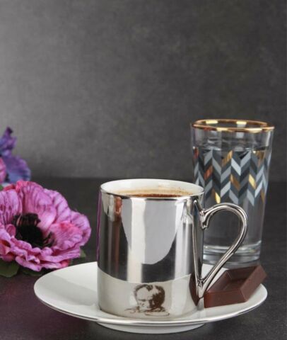 Acar Gümüş Aynalı Atatürk Resim Desen Porselen Türk Kahvesi Fincanı