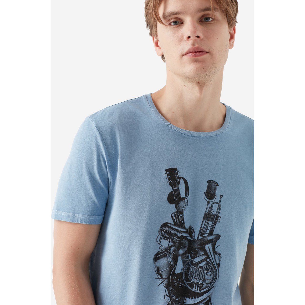 Mavi - Erkek Rythm Baskılı Açık Mavi %100 Pamuklu T-Shirt