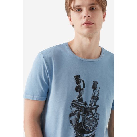 Mavi - Erkek Rythm Baskılı Açık Mavi %100 Pamuklu T-Shirt