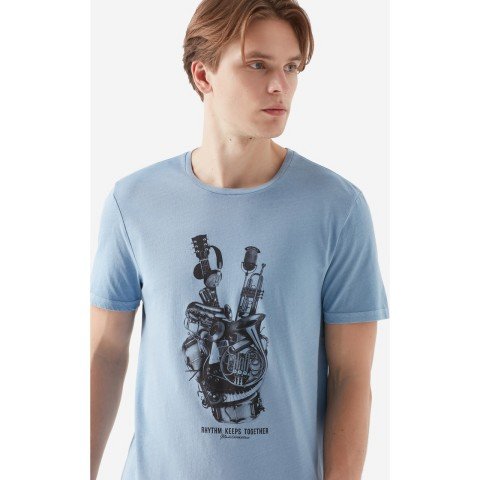 Mavi - Erkek Rythm Baskılı Açık Mavi %100 Pamuklu T-Shirt