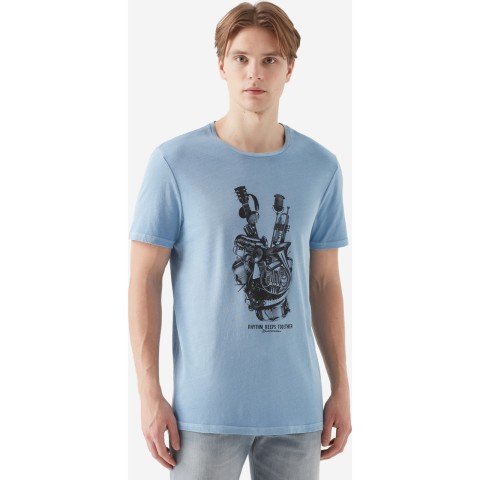 Mavi - Erkek Rythm Baskılı Açık Mavi %100 Pamuklu T-Shirt