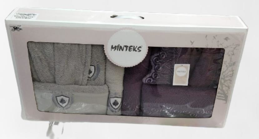MINTEKS 6 LI %100 PAMUK BORNOZ AİLE SETİ MOR - GRİ