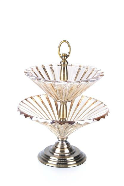 Acar Vilza Cam Kristal İki Katlı Sunumluk Dekor  Konsol, Ünite ve Sehpa Süs  - 25.5 x 25.5 x 38 Cm