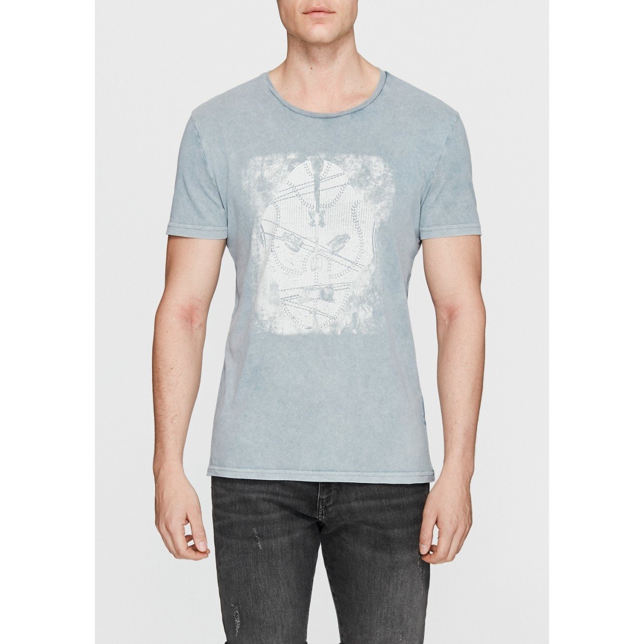 Mavi Maske Baskılı Gri T-Shirt