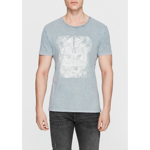 Mavi Maske Baskılı Gri T-Shirt