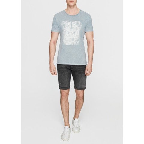 Mavi Maske Baskılı Gri T-Shirt