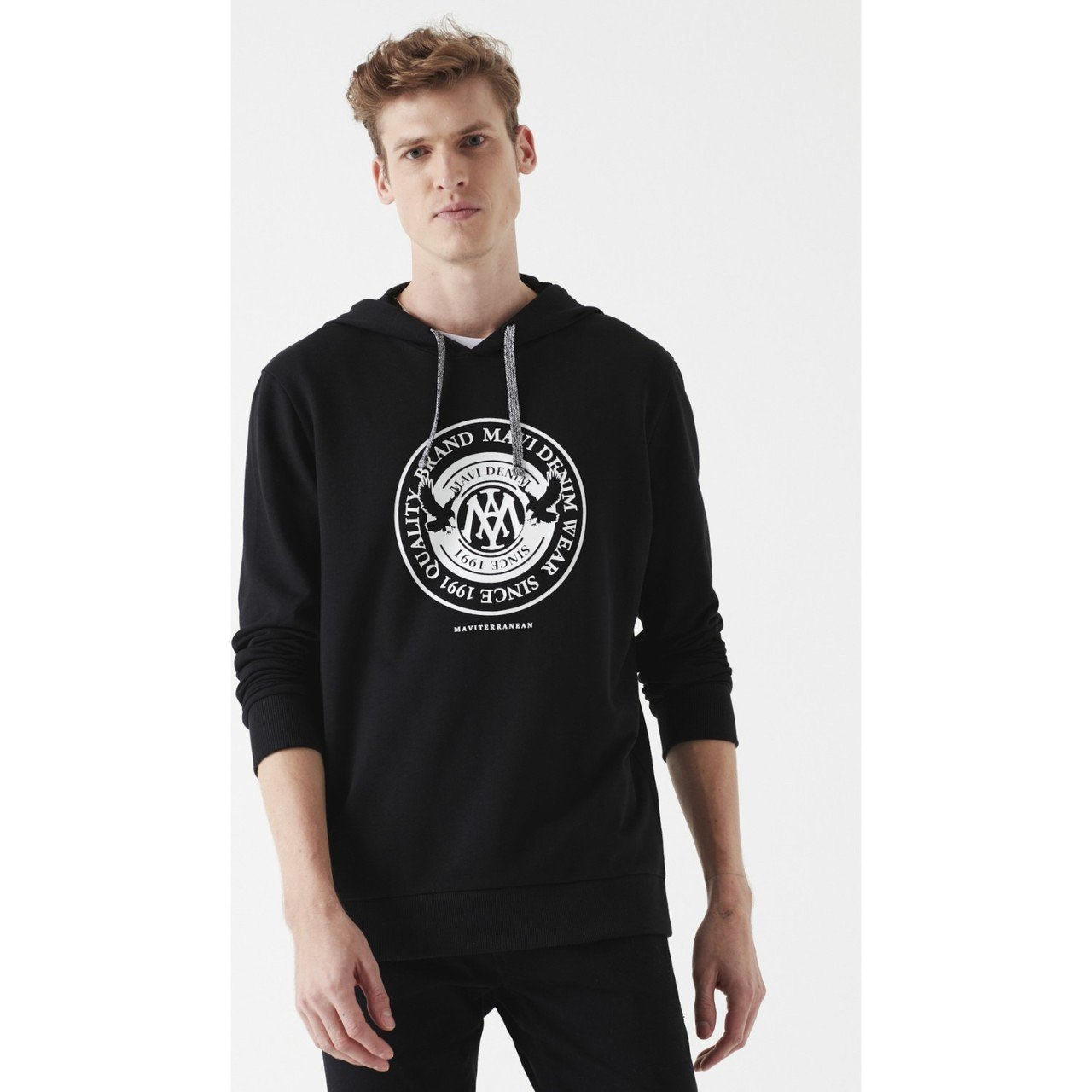Mavi Erkek Baskılı Siyah Kapüşonlu Sweatshirt