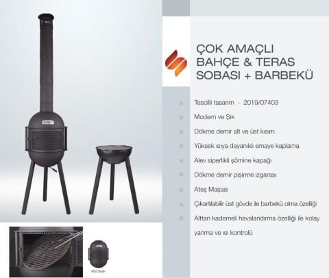 Sürel Çok Amaçlı Döküm Bahçe Şöminesi Teras Sobası Barbekü - Siyah