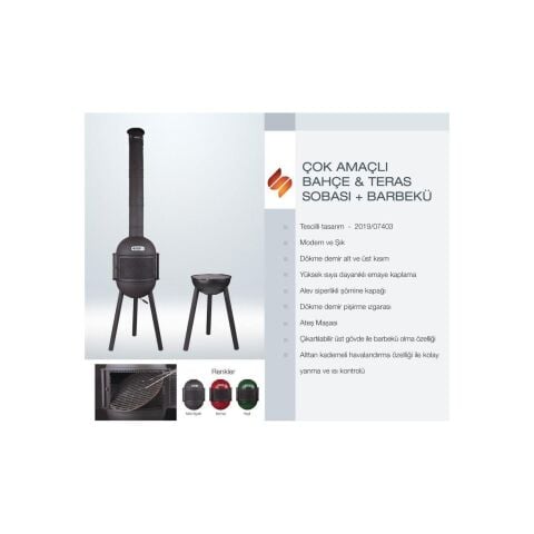 Sürel Çok Amaçlı Döküm Bahçe Şöminesi Teras Sobası Barbekü - Kırmızı