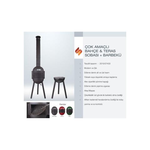 Sürel Çok Amaçlı Döküm Bahçe Şöminesi Teras Sobası Barbekü - Kırmızı