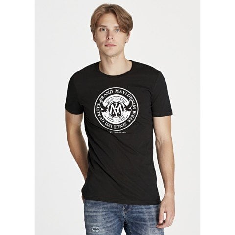 Mavi Logo Baskılı Siyah Tişört 065168-900