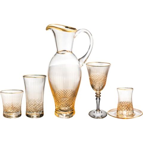 Kcd Antik Sarı 31 Parça Cam Sofra Sunum Çeyiz Seti Su Bardak Takımı Kesme El Dekor