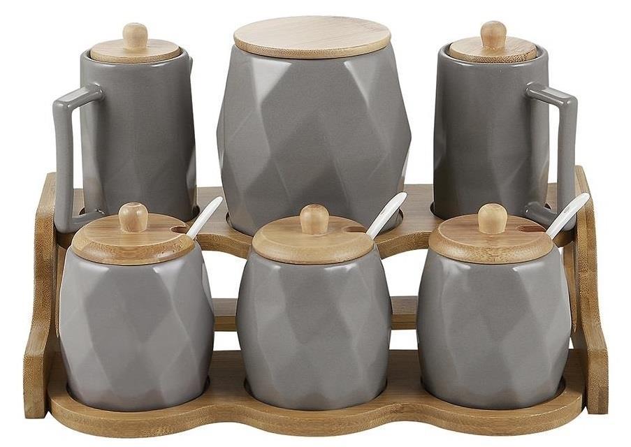 Acar Landry 6lı Bambu Standlı Yuvarlak Porselen Yağlık - Baharat Takımı - Gri