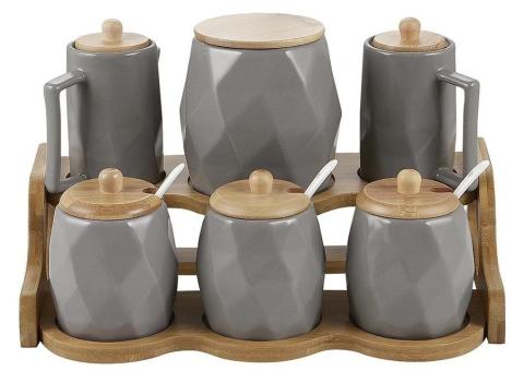 Acar Landry 6lı Bambu Standlı Yuvarlak Porselen Yağlık - Baharat Takımı - Gri