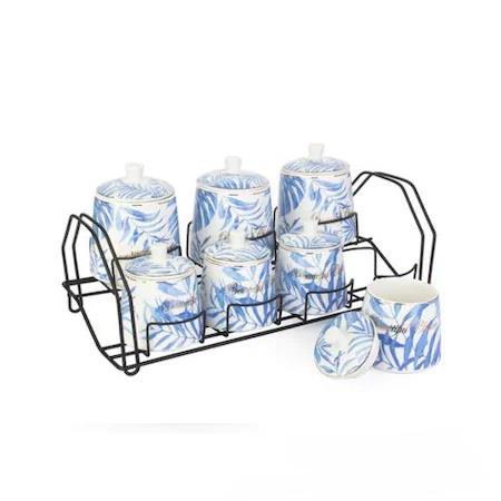 ACAR 7 PARÇA MAVİ TROPİK DESEN PORSELEN STANDLI BAHARAT TAKIMI