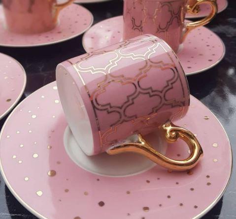 Acar Porselen Altın Yaldızlı 6 Kişilik Kahve Takımı Pembe CAN-007990-P