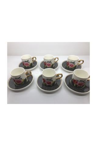 ACAR Acr Desen Siyah 6 Kişilik Kahve Porselen Fincan Takımı CAN-008629-Siyah