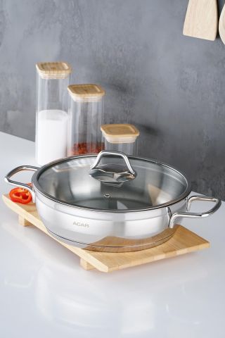 Acar Karat 26 Cm Basık Kısa Cam Kapaklı Çelik Tencere 016468