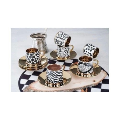 Acar Lüks Jungle Porselen 6 Lı Kahve Fincan Takımı Gold Tabak SYT-012123/12