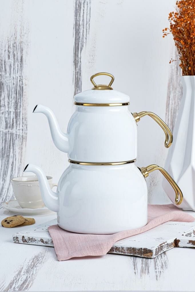 Acar Qualita Petra Emaye Çaydanlık Takımı Beyaz XAP-22-0350