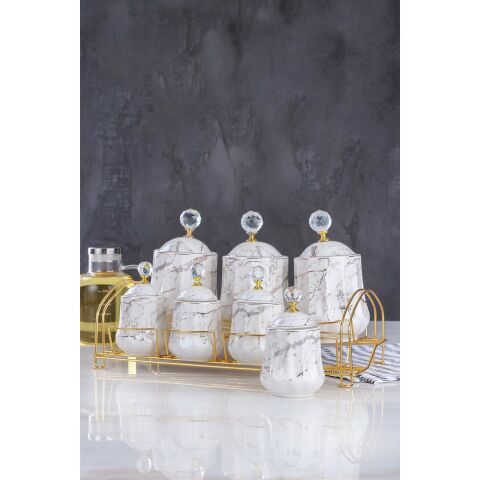 Acar Misty 7li Metal Standlı Porselen Baharat Seti