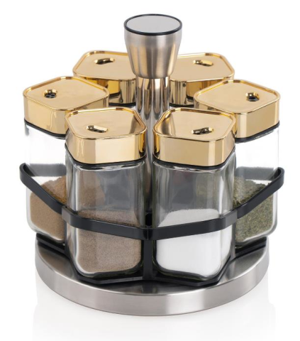 Alya 6'Lı Döner Metal Standlı Kare Cam Baharat Seti Gold YVJ-011117