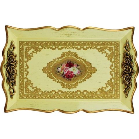 Ancel Hkr 303 Krem Altın Eskitme Ahşap Tepsi