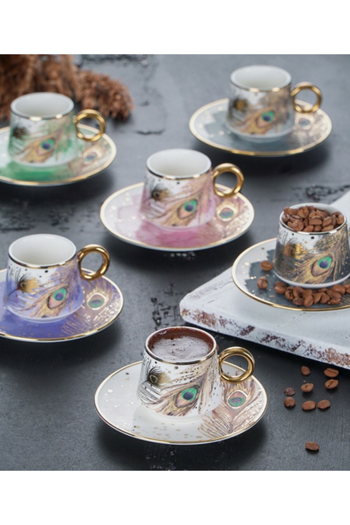 ACAR Blaze Porselen 6 Kişilik Tavuskuşu Kahve Fincan Takımı HXF-21-0127/12