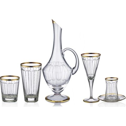 Kcd Zerafet Altın 31 Parça Cam Sofra Sunum Çeyiz Seti Su Bardak Takımı KCD6
