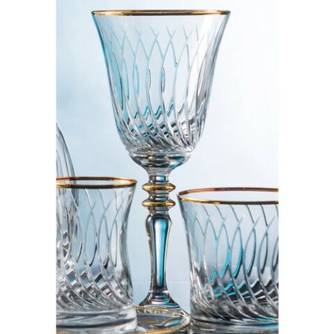 Kcd Daren Altın Kesme El Dekor Yaldızlı Desenli Cam 6 Adet Ayaklı Bardak Kadeh