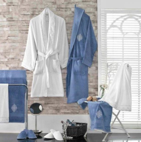Aryıldız Bambu Aile Bornoz Seti Lima Beyaz İncili- Mavi