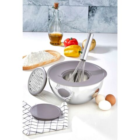 Cooker Karıştırma Saklama Kabı Paslanmaz Çelik Rendeli Kase Seti 8 Parça Gri CKR2876