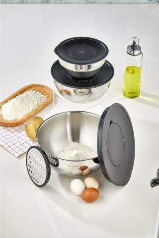 Cooker Karıştırma Saklama Kabı Paslanmaz Çelik Rendeli Kase Seti 8 Parça Gri CKR2876