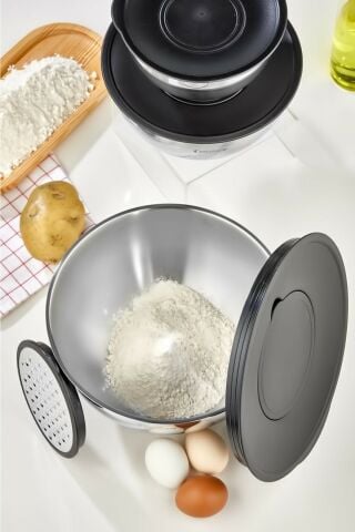 Cooker Karıştırma Saklama Kabı Paslanmaz Çelik Rendeli Kase Seti 8 Parça Gri CKR2876