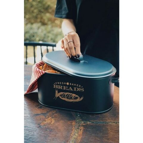 Ancel Metal Büyük Boy Kapaklı Desenli Ekmeklik Siyah