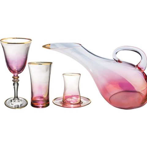 Kcd Soprano Pembe 49 Parça Cam Sofra Sunum Çeyiz Seti Su Bardak Takımı Kesme El Dekor