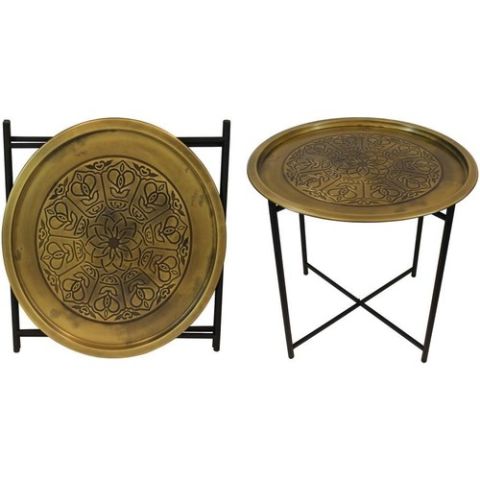 Beyler Katlanır Standlı Metal Desenli Yuvarlak Sehpa Eskitme Altın 1MTL-1040-A