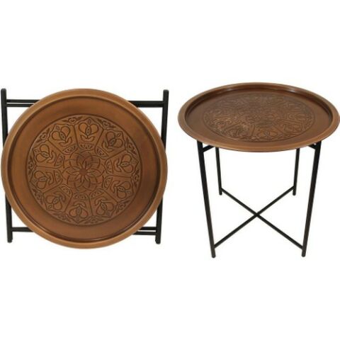 Beyler Katlanır Standlı Metal Desenli Yuvarlak Sehpa Eskitme Bakır 1MTL-1040-B