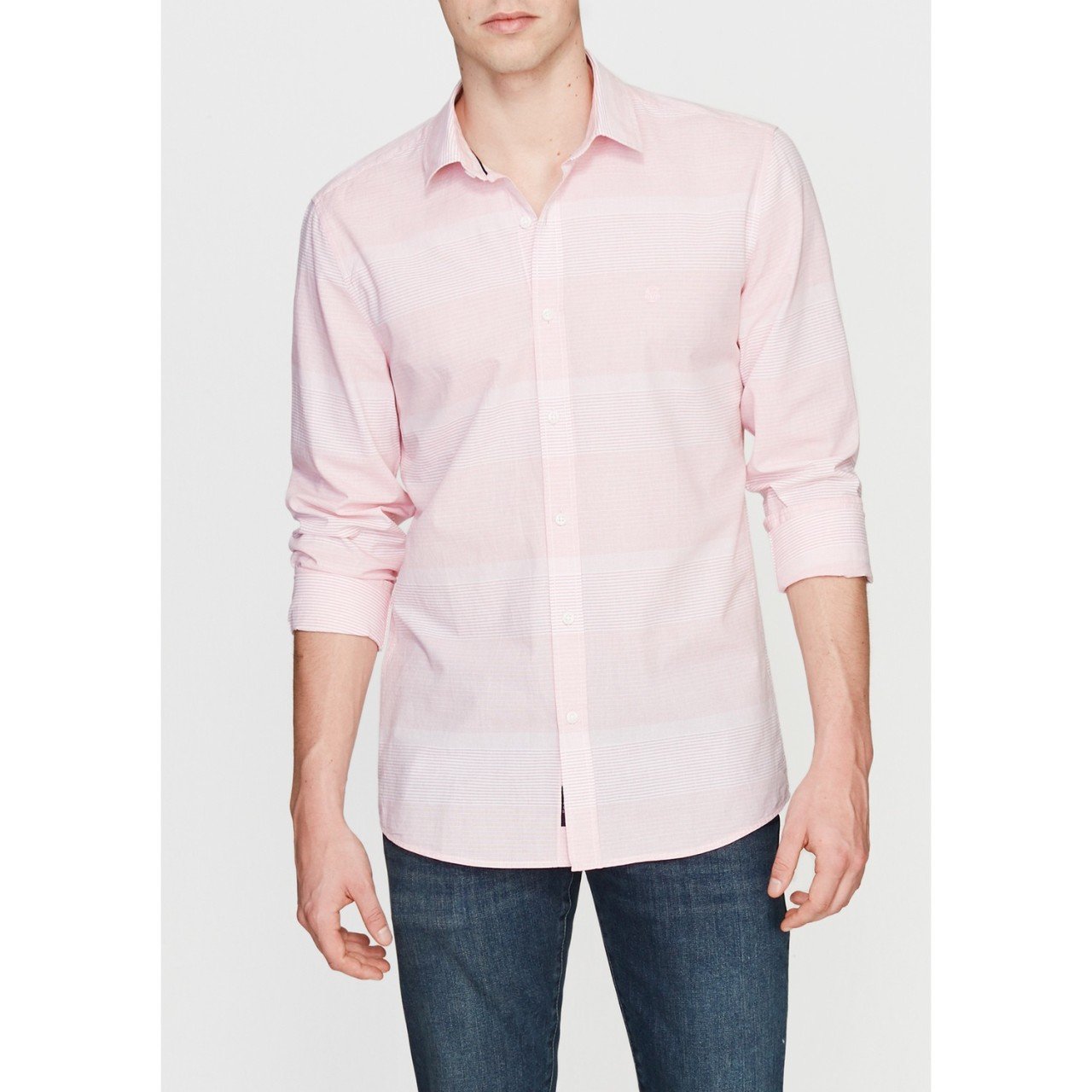 MAVİ - Cepsiz Kırmızı -Pudra Çizgili %100 Pamuklu Gömlek