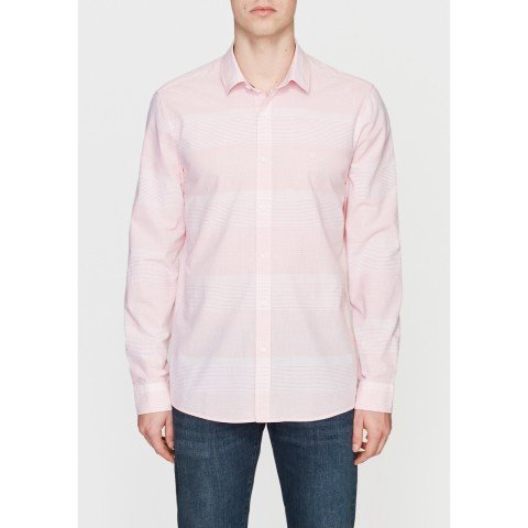 MAVİ - Cepsiz Kırmızı -Pudra Çizgili %100 Pamuklu Gömlek