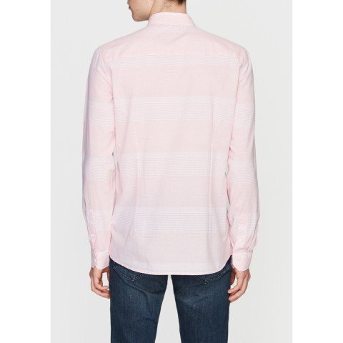 MAVİ - Cepsiz Kırmızı -Pudra Çizgili %100 Pamuklu Gömlek