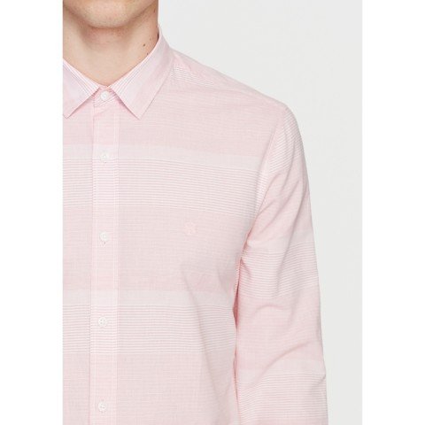 MAVİ - Cepsiz Kırmızı -Pudra Çizgili %100 Pamuklu Gömlek