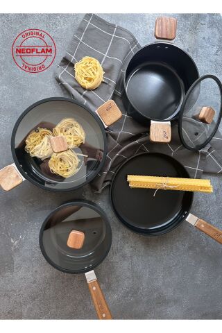 NEOFLAM Bien Black 7 Parça Indüksiyonlu Tencere Tava Seti, Akasya Ağacı Sap Ve Kulplu