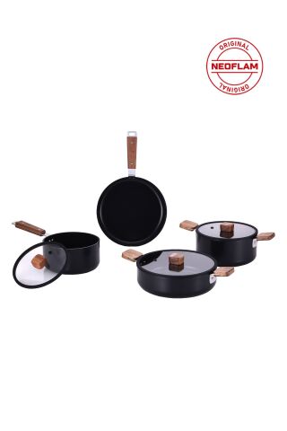 NEOFLAM Bien Black 7 Parça Indüksiyonlu Tencere Tava Seti, Akasya Ağacı Sap Ve Kulplu