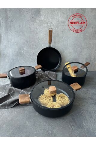 NEOFLAM Bien Black 7 Parça Indüksiyonlu Tencere Tava Seti, Akasya Ağacı Sap Ve Kulplu